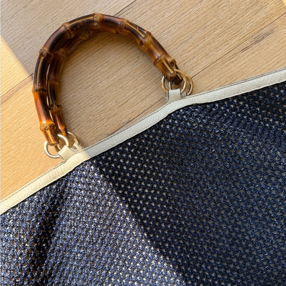 Gucci Raffia Bamboo Linen Leather Tote Bag Navy White - Picture 2 of 7